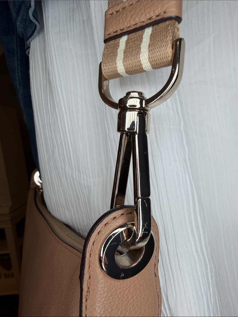 Kate Spade EUC tan pebble leather Crossbody bag W/ canvas adj stripe strap - Picture 6 of 16